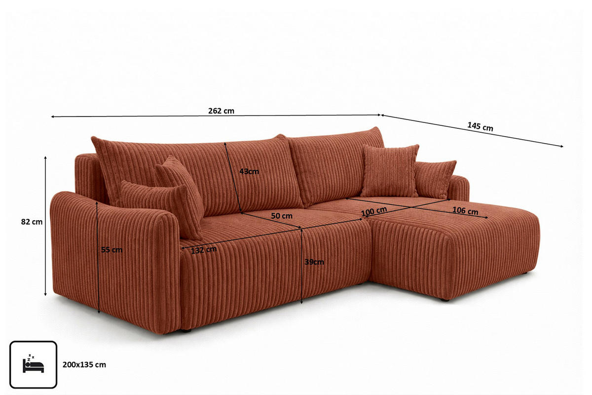 ECKSOFA Mit Schlaffunktion, Cordstoff Tilia, Kupfer, Rechts, JAPANDI - Orange, Holz (262/145cm) - Kaiser Möbel
