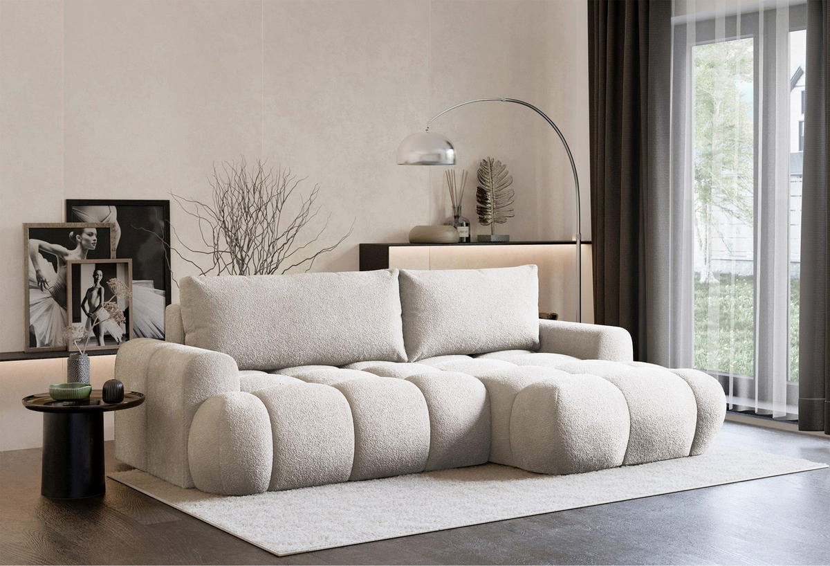 ECKSOFA Ombo Mini, Graubeige Bouclé, rechtsseitig - Taupe/Schwarz, Kunststoff/Textil (155/246cm) - Selsey