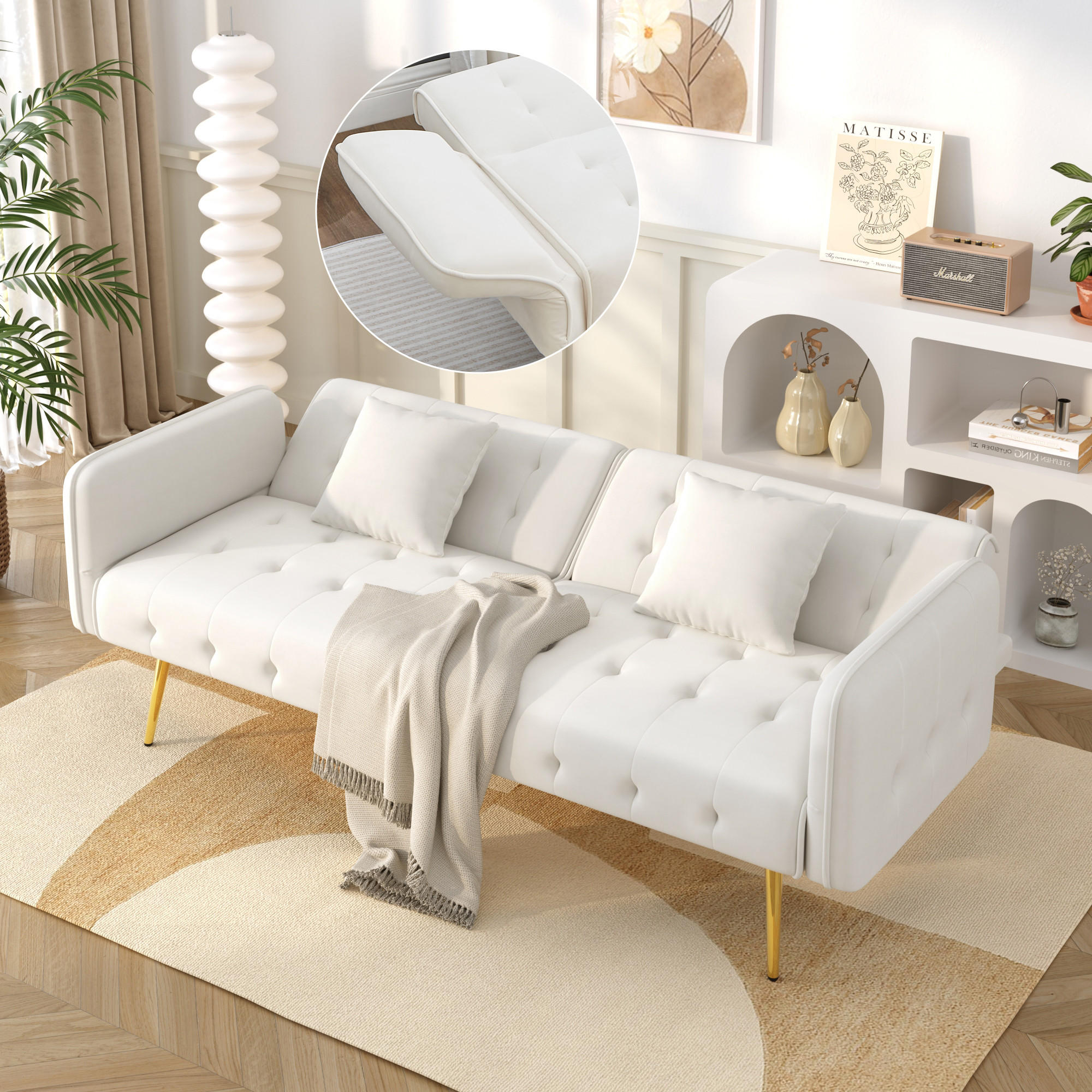 SCHLAFSOFA 2-Sitzer mit Veloursbezug und Armlehnen - Creme, Kunststoff (178/70/82cm)