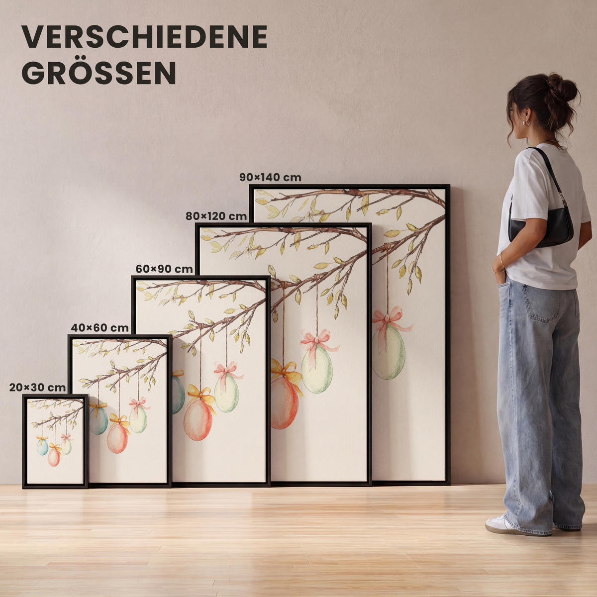 LEINWAND Bilder mit Rahmen - Osterkuchen - Schleife - Eier - 60x90 - Creme, Textil (60/90cm) - MuchoWow