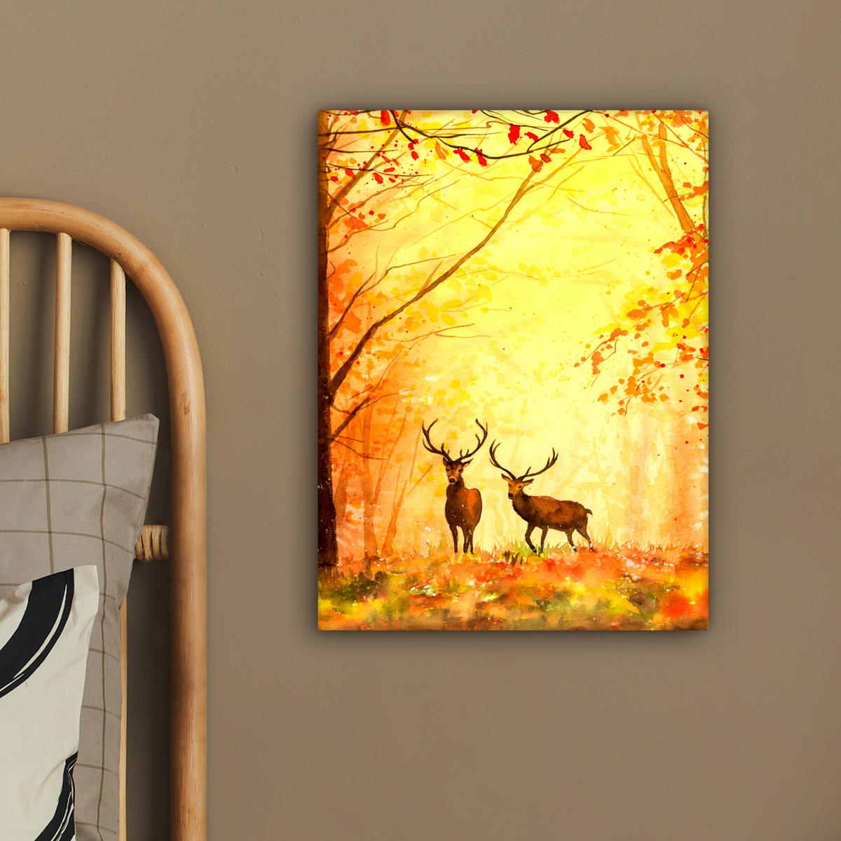 LEINWANDBILD Natur - Ölfarbe - Hirsche - Tiere - Herbst - Orange 30x40 cm - Orange, Textil (30/40cm) - MuchoWow