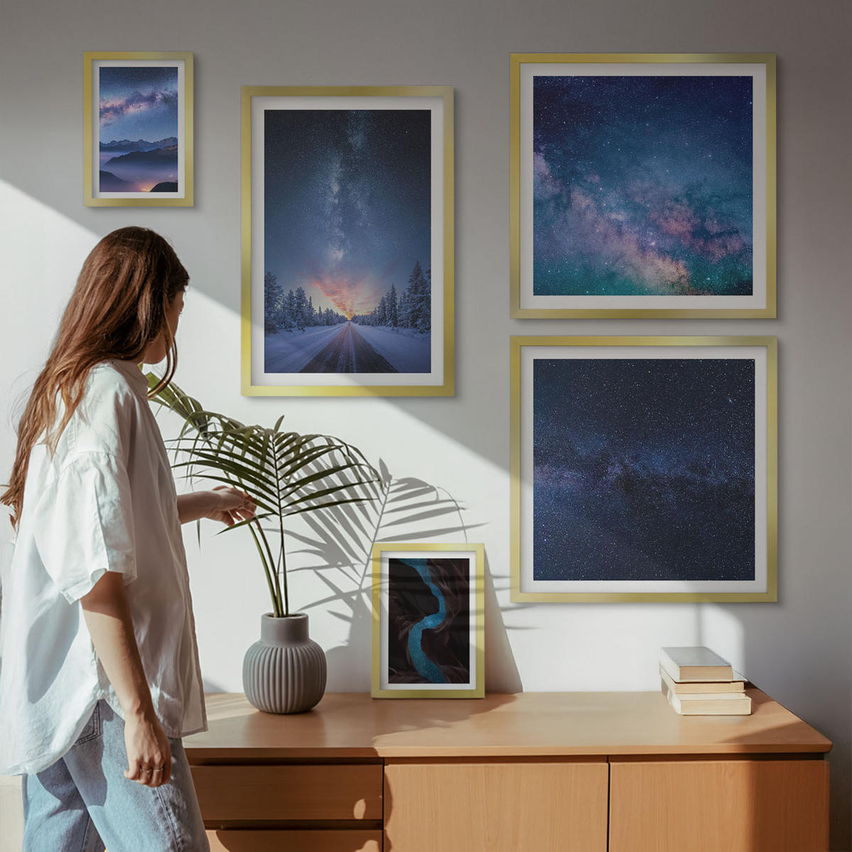 BILDER SET 5er Set - 50x50 cm & 20x30 cm & 40x60 cm Goldrahmen - Herbstliche Naturlandschaften - Goldfarben, Kunststoff (40/60cm) - TULUP