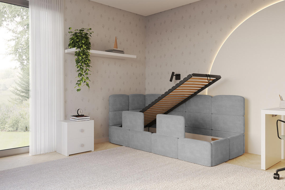 EINZELLBETT Jugendbett mit Bettkasten und Matratze H3/H4, Rechts - KIVY 80x200 Grau - Silberfarben, Holzwerkstoff/Textil (80/200cm) - ALTDECOR