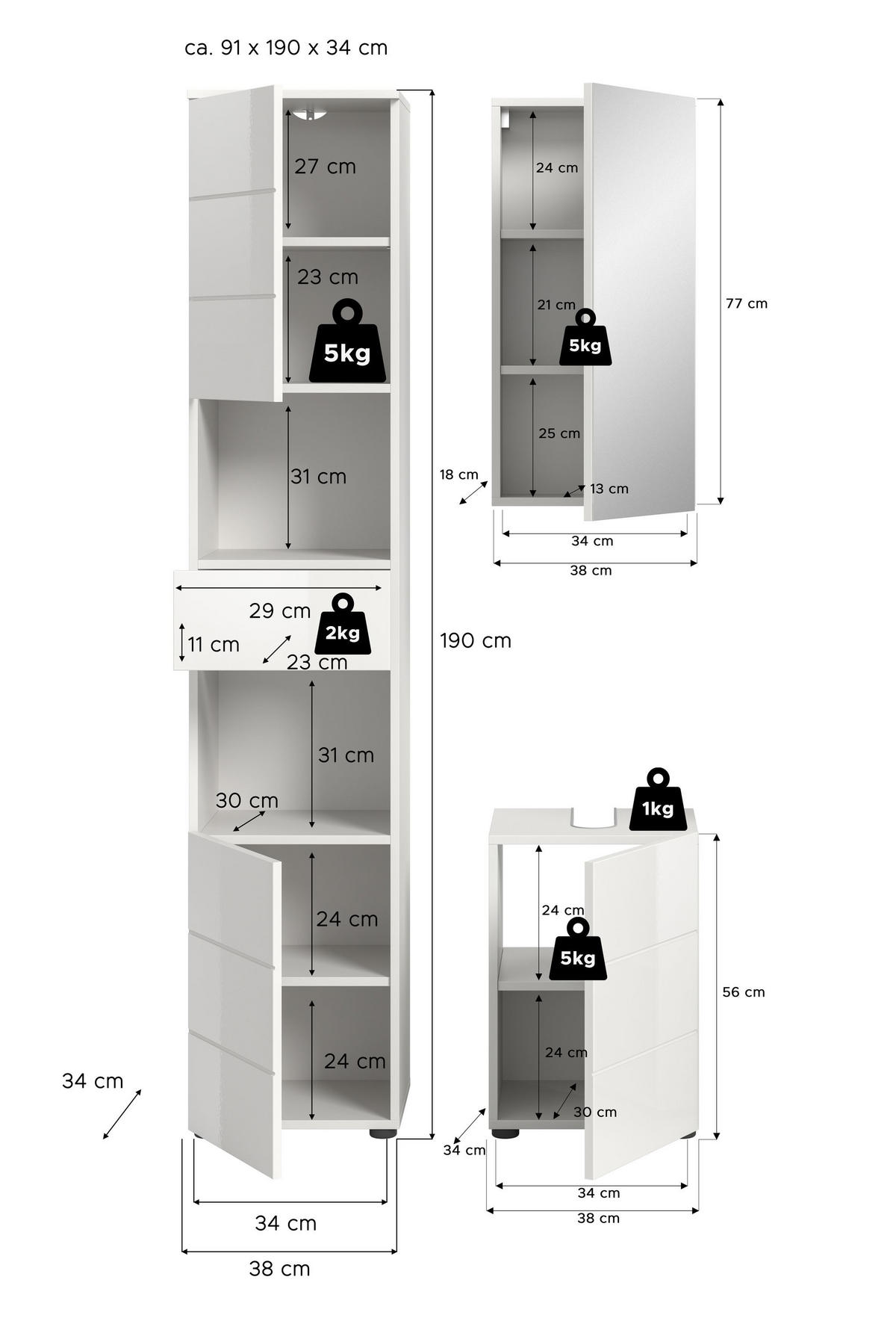 BADMÖBEL Set Vira 3tlg. Bad Kombination in Weiß (B/H/T: 91x190x34 cm) - Weiß, Holz (91/190/34cm)