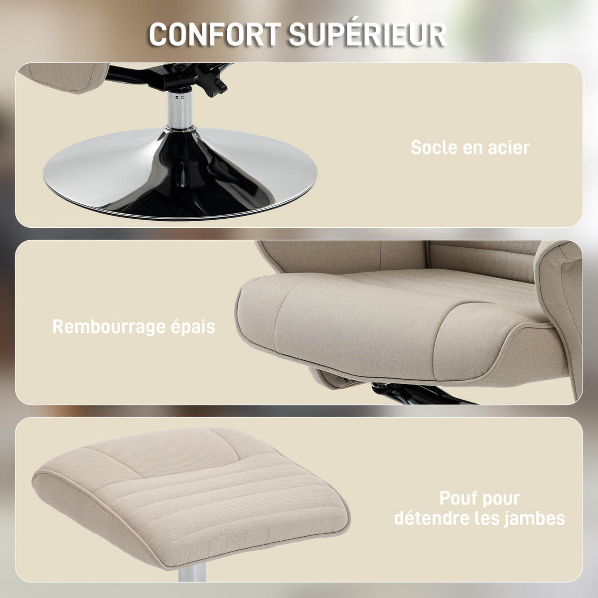 RELAXSESSEL DE-17420 135° neigbar, 360° drehbar mit Fußstütze Beige - Beige, Metall (71/104/69cm) - ComfortXL