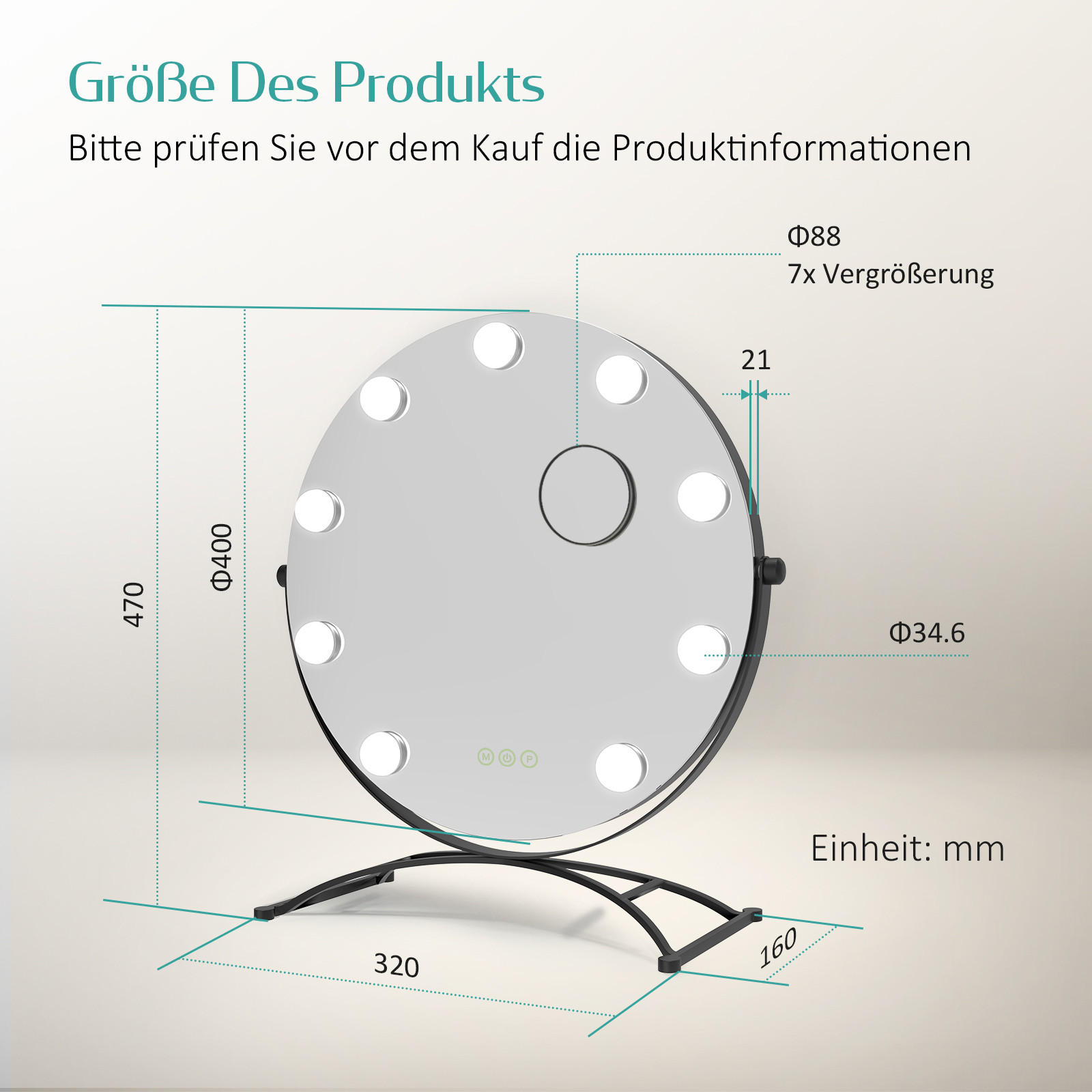 KOSMETIKSPIEGEL Rund mit Beleuchtung, Schwarz, Ø40 cm - Schwarz, Glas (40/16/40cm) - EMKE