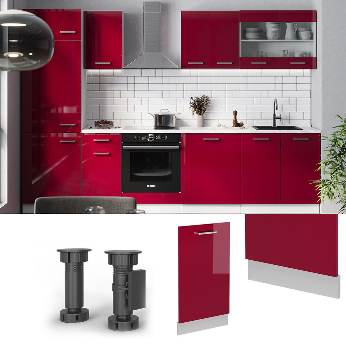 FRONTBLENDE R-Line Rot Hochglanz 45 cm ohne Arbeitsplatte - Bordeaux/Rot, Holzwerkstoff (45/81.8/1.6cm) - Vicco