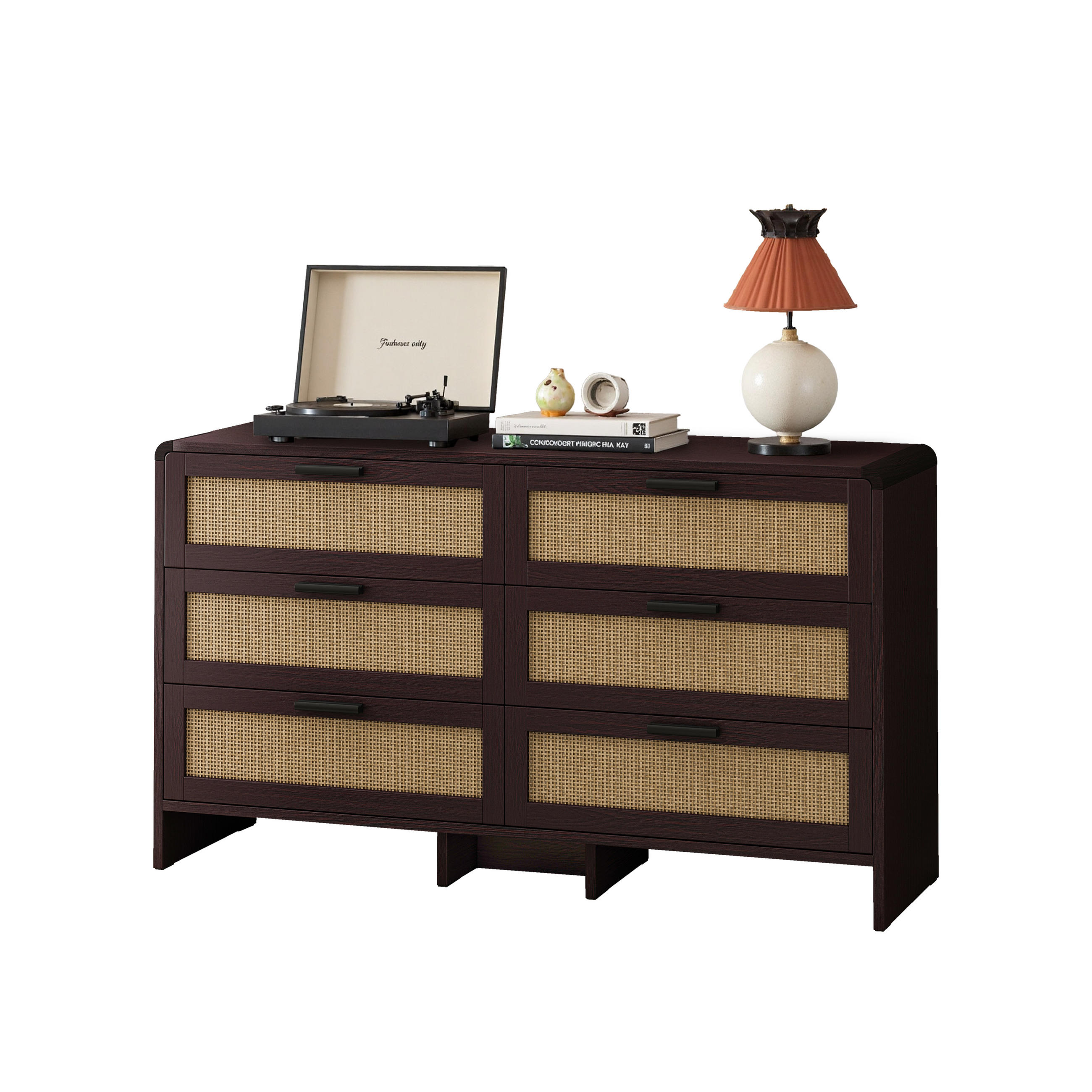 SIDEBOARD 6 Schubladen, Rattanoptik, Bogenform, Braun - Kastanienfarben, Holz (130/74/40cm)