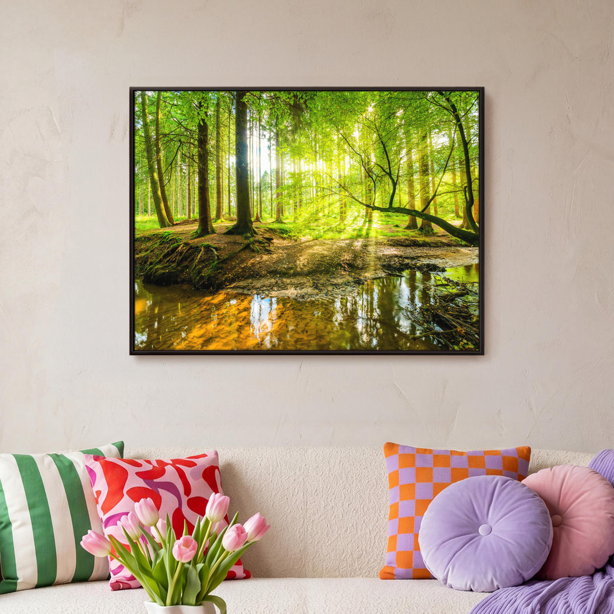 LEINWAND Bilder mit Rahmen - Wald - Landschaft - Wasser - Bäume - Sonne - Grün - Natur - 70x50 - Grün, Textil (70/50cm) - MuchoWow