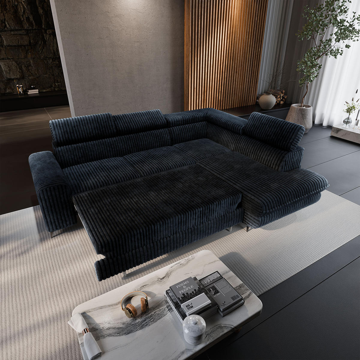 ECKSOFA VELISS Schwarz Kordstoff mit Schlaffunktion - Schwarz, Holz (255/193cm) - MASSENO