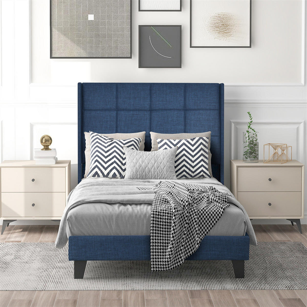 POLSTERBETT 90/200cm in Blau Leinen(Ohne Matratze) - Blau, Holz/Textil (90/200cm) - KOMHTOM