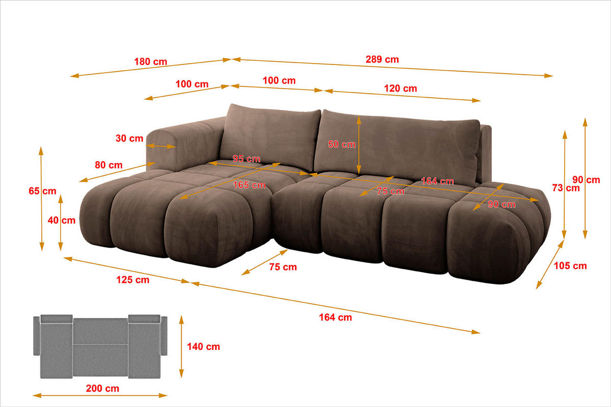 ECKSOFA Ottomane Links CLOUD-L 289x180x40 Braun Velours - Braun, Holzwerkstoff/Kunststoff (180/289cm) - ALTDECOR