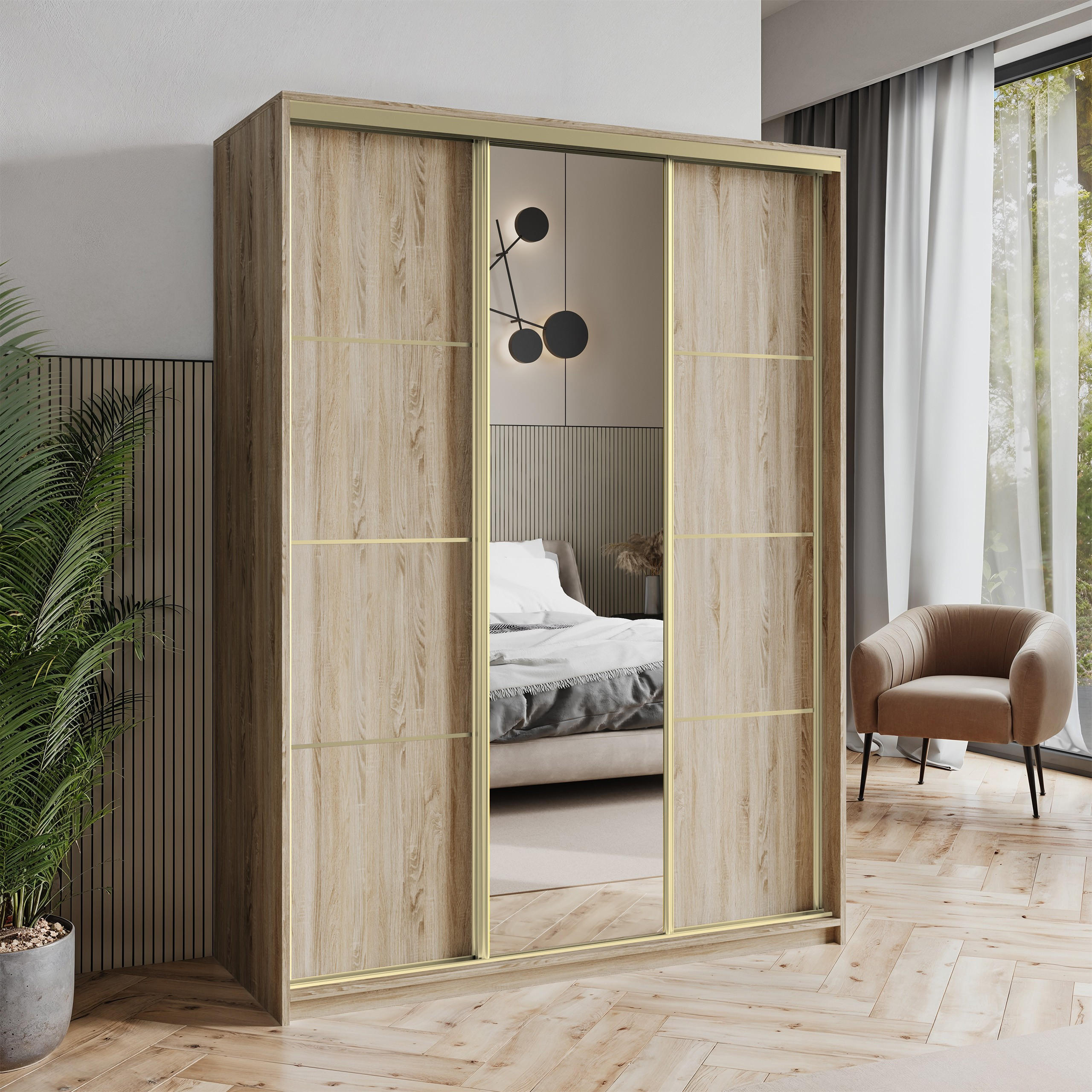 SCHWEBETÜRENSCHRANK VARO 150/205/60 cm 3-türig mit Spiegel Sonoma Eiche - Sonoma Eiche, Holzwerkstoff (150/205/60cm) - MASSENO
