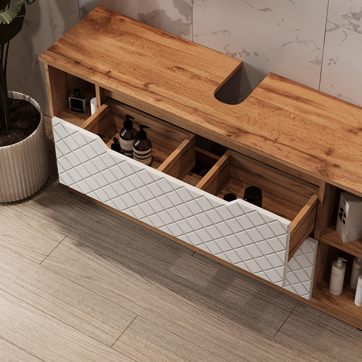 WASCHBECKENUNTERSCHRANK Lotta Eiche/Weiß mit Kachelstruktur 119.2 x 62.5 cm mit 2 Schubladen - Eichefarben/Weiß, Holzwerkstoff (119.2/62.5/32cm) - Vicco