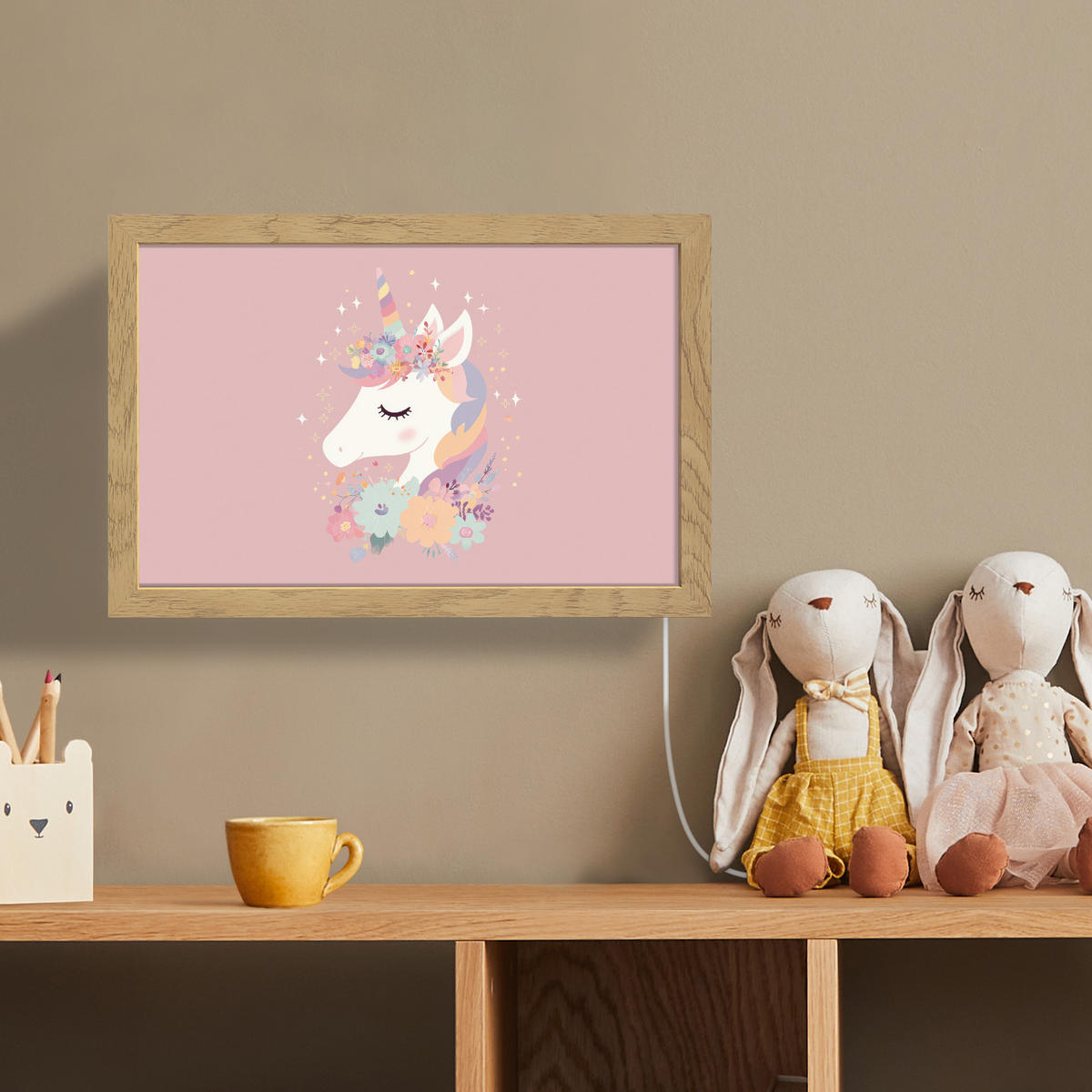 NÁSTĚNNÁ LAMPA Jednorožec - růžová - květiny 30x20 cm - růžová, kompozitní dřevo (30/20/8cm) - OnlyWow