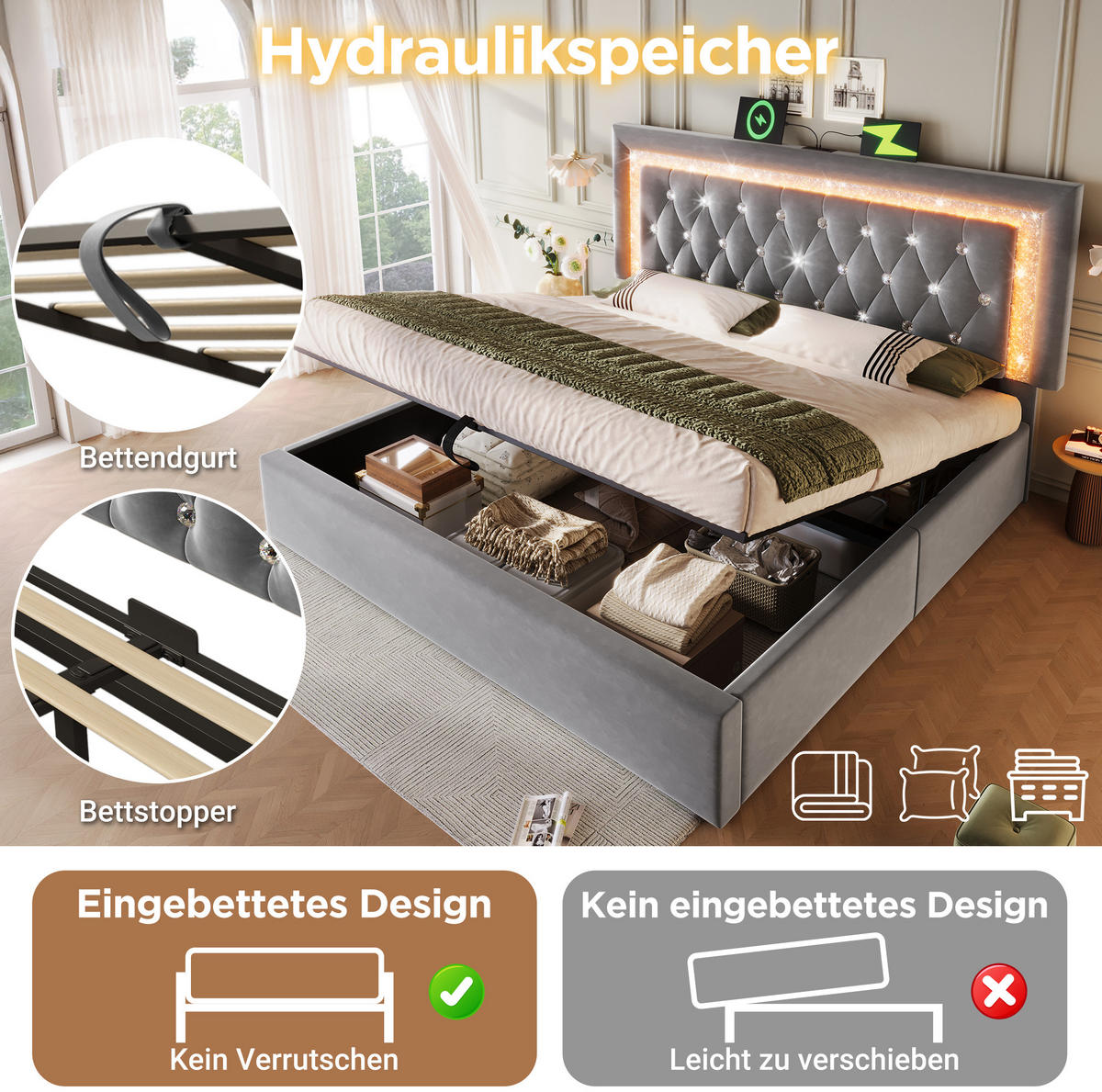 ČALÚNENÁ posteľ 160/200 cm zamat sivá, s LED, úložným priestorom, USB a matracom - sivá, textil (160/200cm) - BEAOK