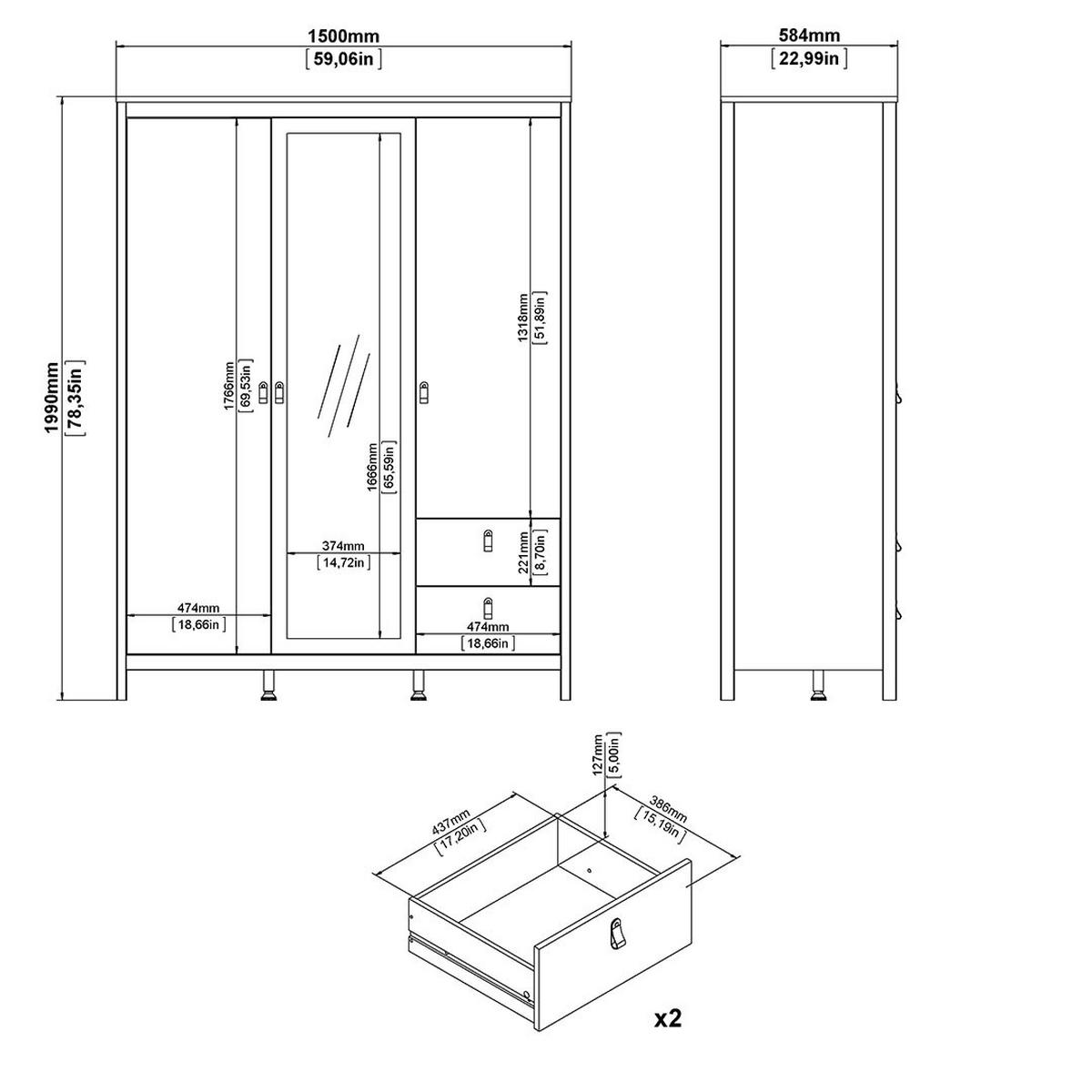KLEIDERSCHRANK, Madrid, Schwarz, Holzwerkstoff, 150 x 59 x 199 cm - Schwarz, Holzwerkstoff (150/199/59cm) - ebuy24