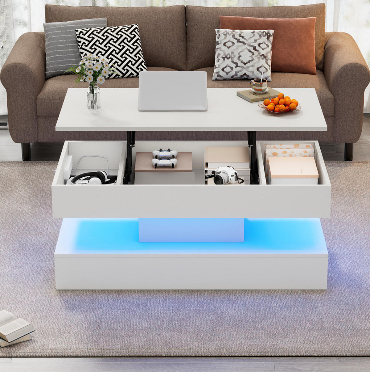 COUCHTISCH, höhenverstellbar mit LED, verstecktem Stauraum und integrierten EU‑Steckdosen, 100/50/42 cm, weiß - Weiß, Holzwerkstoff (100/50/42cm) - Redom