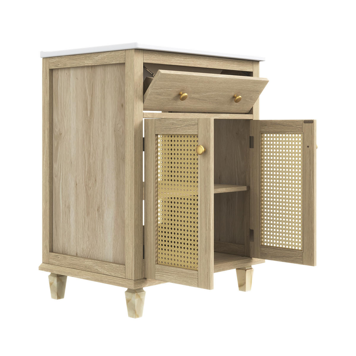 BADEZIMMERSCHRANK Rattan Türen Klappschublade Verstellbare Böden 61cm - Naturfarben, Keramik (61/87/47cm) - FLIEKS