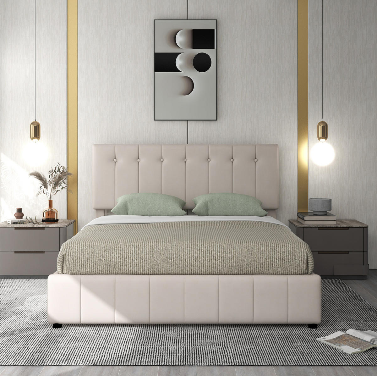 POLSTERBETT aus Samtstoff 140x200 cm Cremeweiß mit hydraulischem Bettkasten und verstellbarem Kopfteil - Creme, Textil (140/200cm) - Modfu
