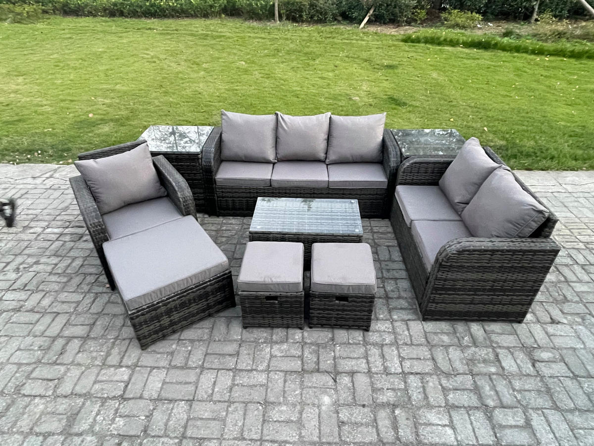 GARTENSET Polyrattan Dunkelgrau 6-Sitzer - Dunkelgrau/Grau, Glas/Kunststoff - Fimous