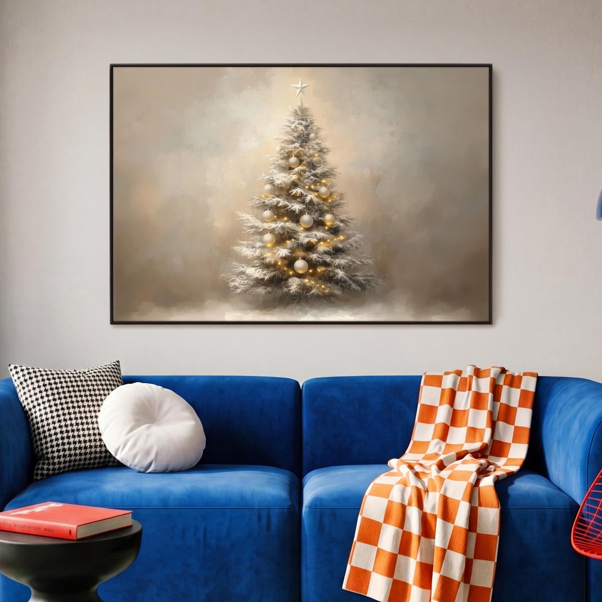 LEINWAND Bilder mit Rahmen - Weihnachten - Weihnachtsbaum - Schnee - Kunst - 90x60 - Champagner, Textil (90/60cm) - MuchoWow