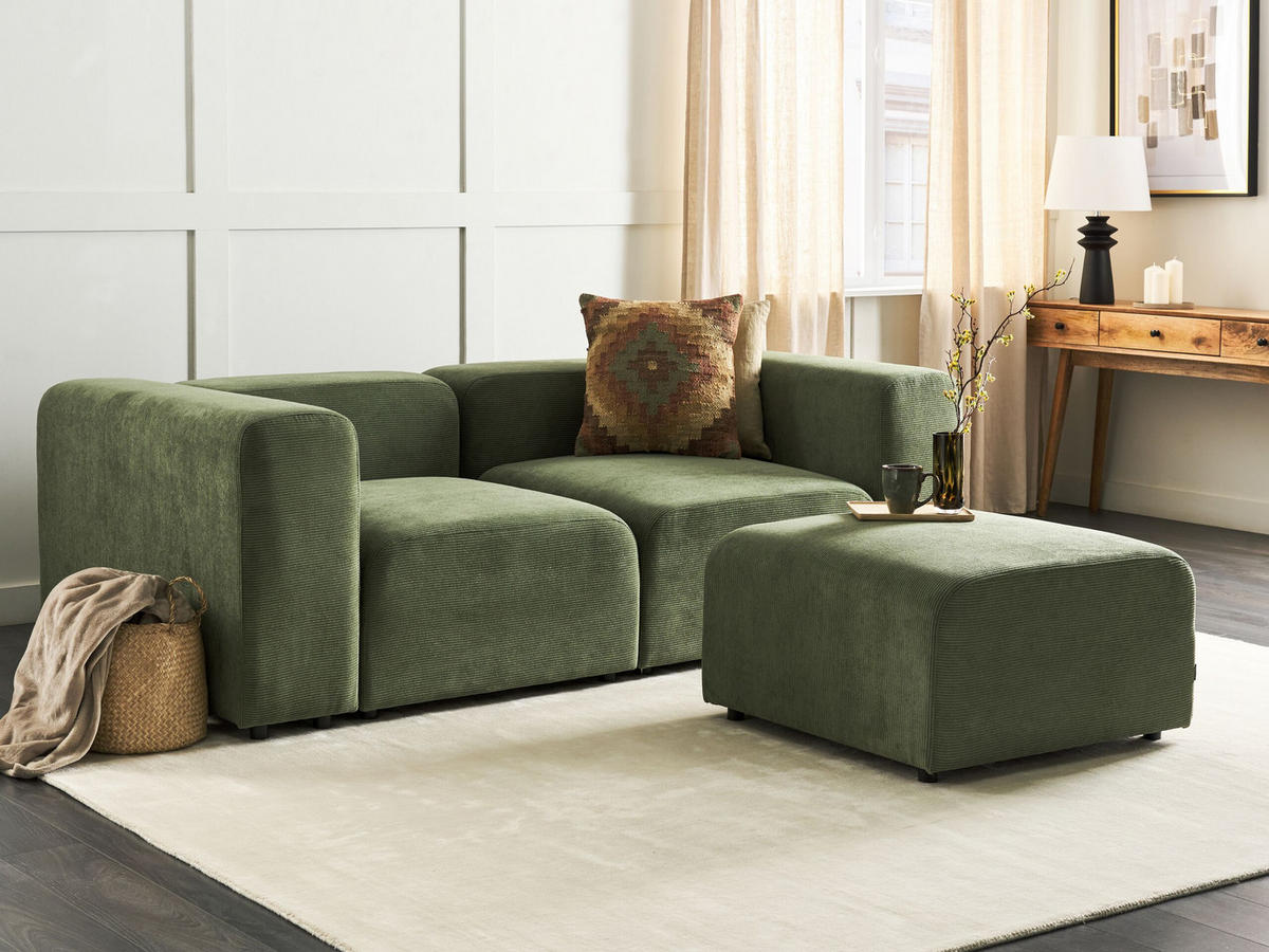 ECKSOFA 2-Sitzer Cord grün mit Ottomane Falsterbo - Grün, Textil (204/105cm) - Beliani
