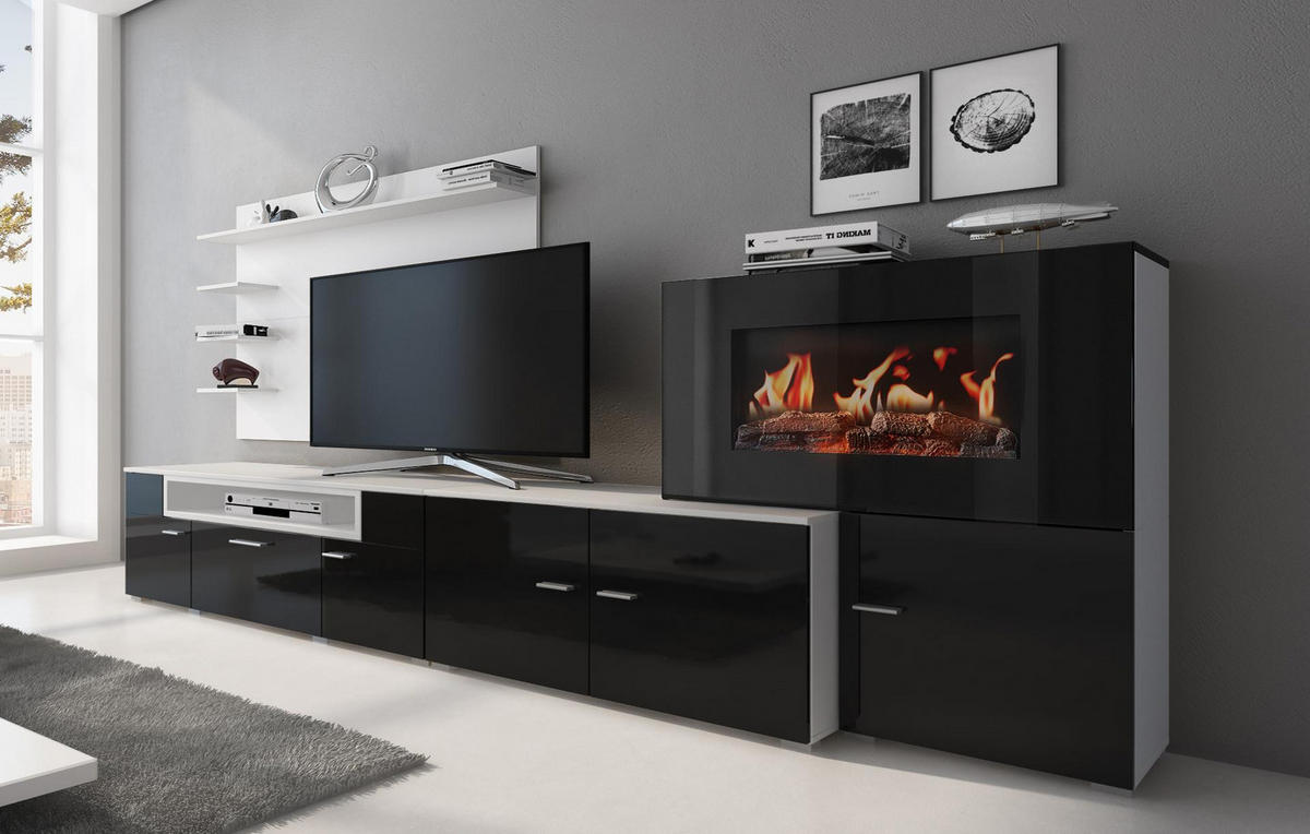 WOHNWAND Elektrokamin weiß, schwarz lackiert, 290/45/170cm - Schwarz/Weiß, Holzwerkstoff (290/170/45cm) - Skraut Home