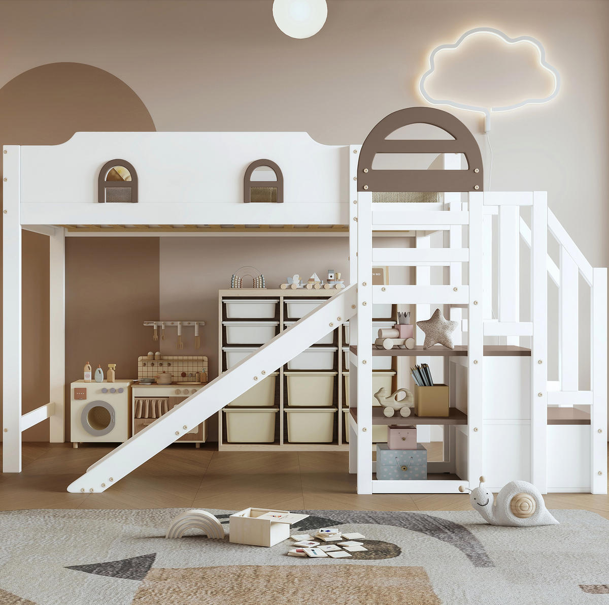 ETAGENBETT 90/200 cm mit Rutsche, Stauraumtreppe, Fenstern und Rundum-Absturzschutz aus Kiefer/MDF, Weiß - Weiß, Holzwerkstoff (90/200cm) - Redom