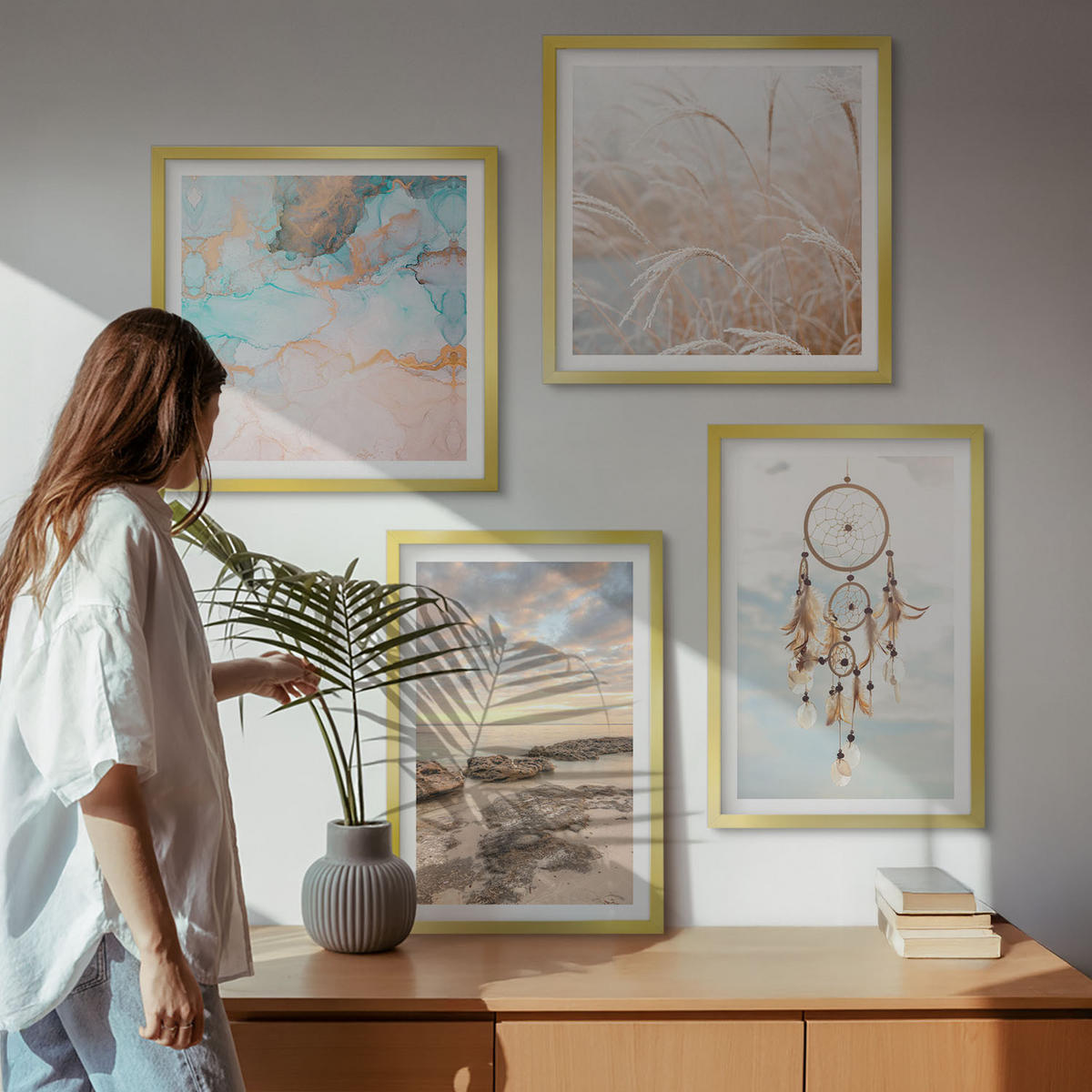 BILDER SET 4er Set - 50x50 cm & 40x60 cm Goldrahmen - Wolkenmeer, Traumfänger, Gras - Goldfarben, Kunststoff (50/50cm) - TULUP