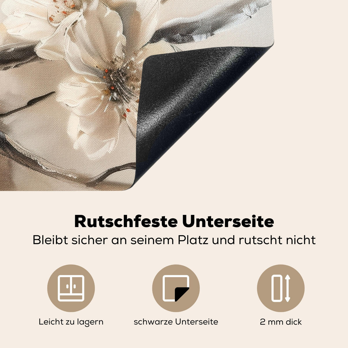 HERDABDECKPLATTE Blumen - Abstrakt - Gemalt - Beige Induktionsmatte 83x51 cm - Beige, Kunststoff (83/51.5/0.2cm) - MuchoWow