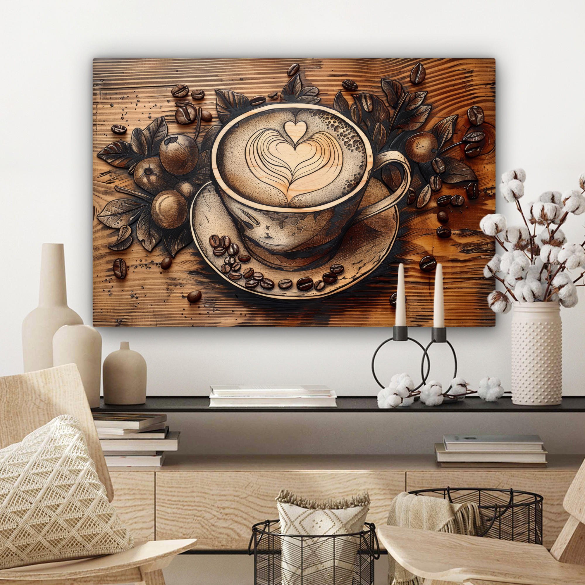 LEINWANDBILD Kaffee - Vintage - Braun - Tasse - Holz Gemälde 60x40 cm - Braun, Textil (60/40cm) - MuchoWow
