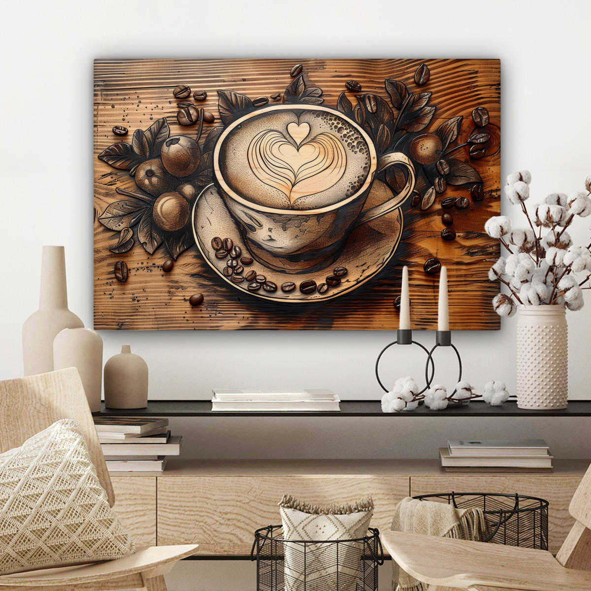 LEINWANDBILD Kaffee - Vintage - Braun - Tasse - Holz Wanddeko 90x60 cm - Braun, Textil (90/60cm) - MuchoWow