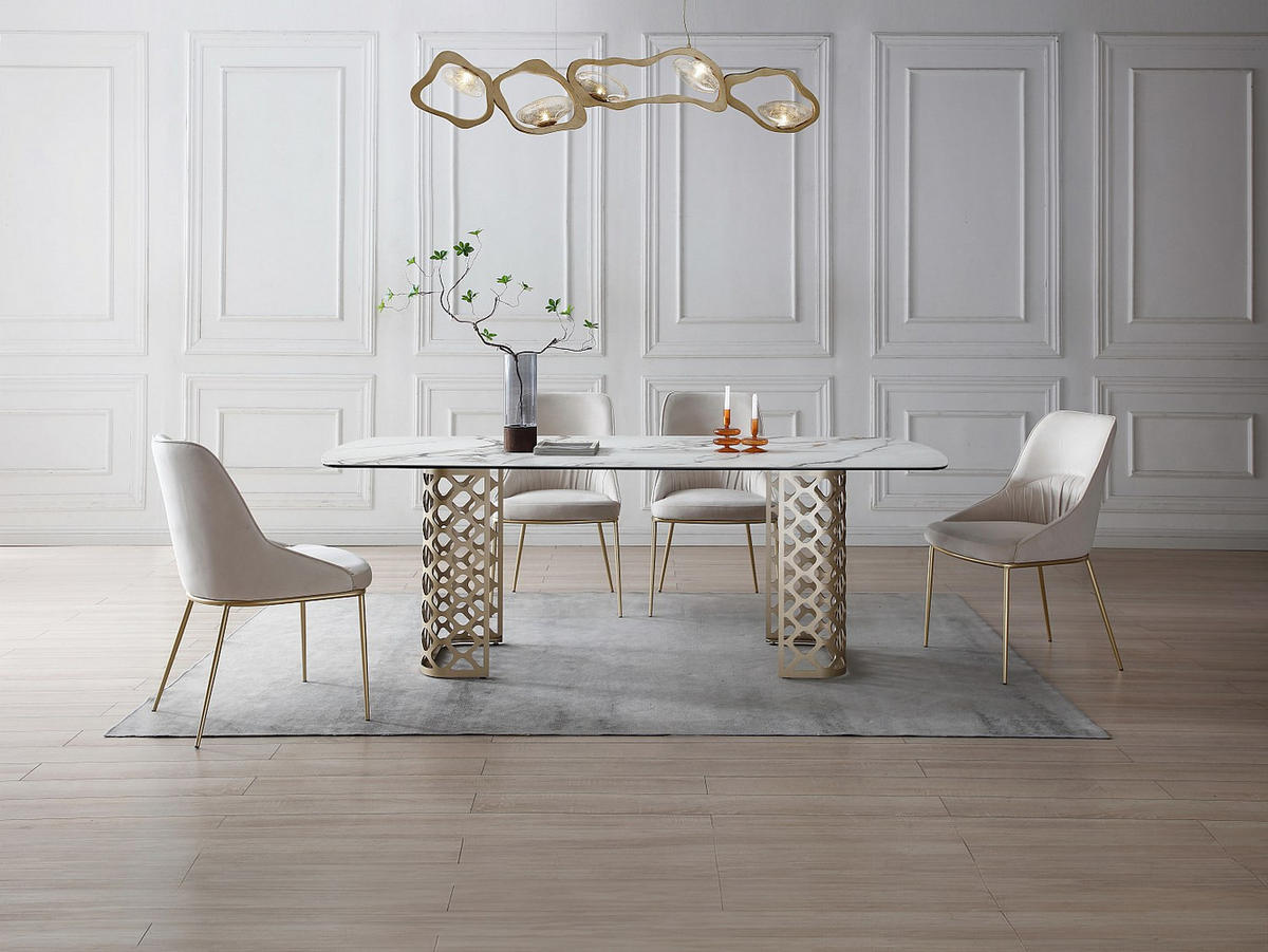 ESSTISCH - 8 Personen - Sicherheitsglas & Keramik - Marmor-Optik Weiß & Goldfarben - GOLDENA - Weiß, Glas (220/100/76cm) - Vente-Unique