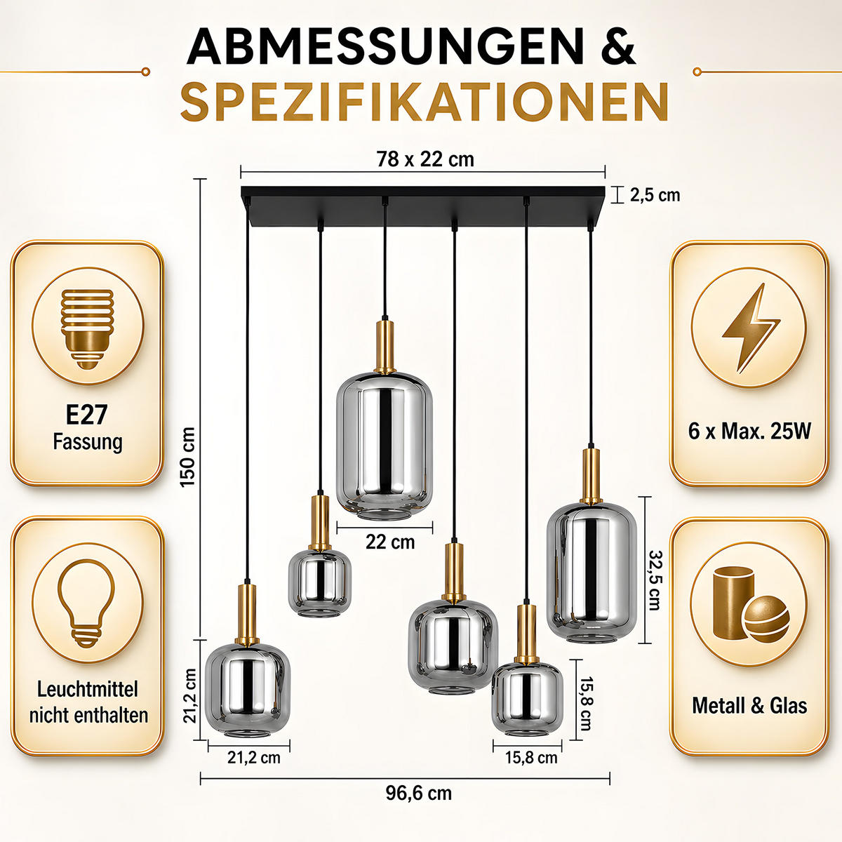 PENDELLEUCHTE Vespnal 96.6/22/150 cm - Schwarz, Glas/Metall (96.6/22/150cm) - ZMH