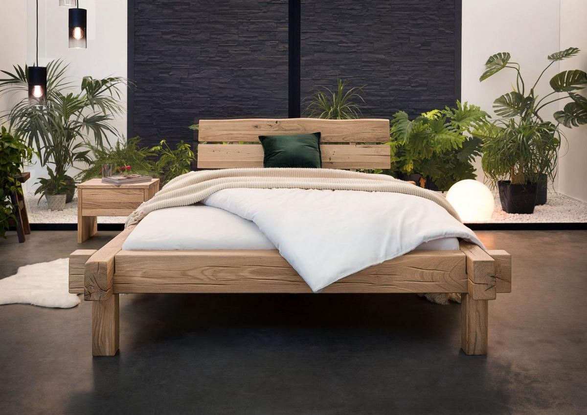 BETT Massivholz Wildeiche 160 x 200 x 85 beige BALKENMÖBEL #111 - Beige, Holz (160/200cm) - Massivmoebel24