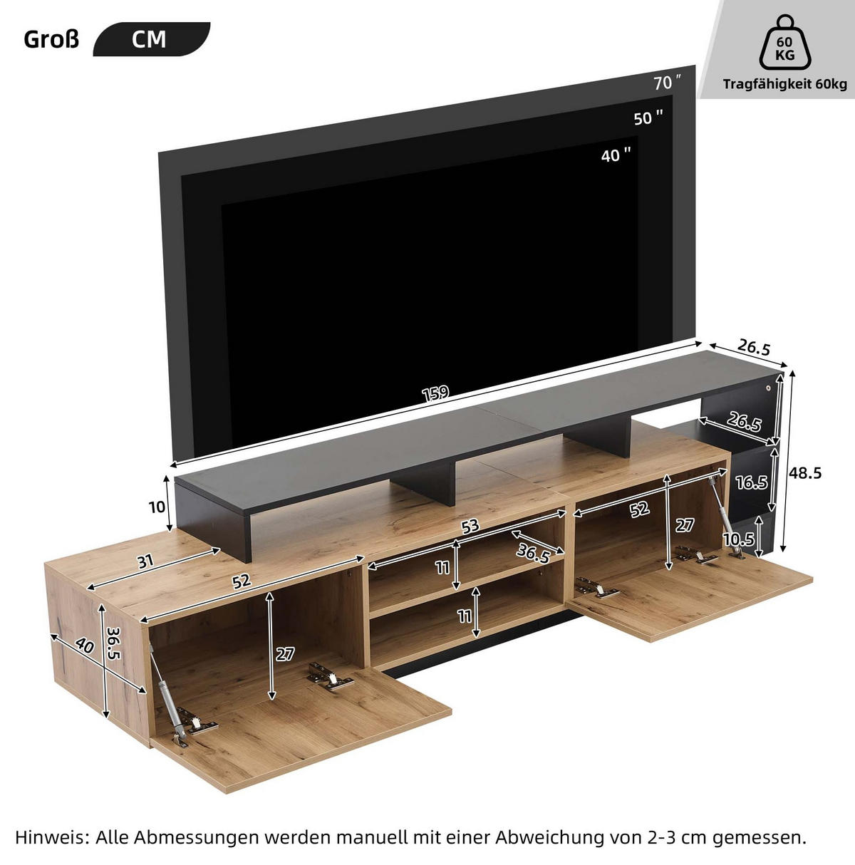 TV-SCHRANK mit LED 190 x 40 x 48,5 cm Spanplatte Black/Oak - Schwarz, Holzwerkstoff (190/48.5/40cm) - Beauniv