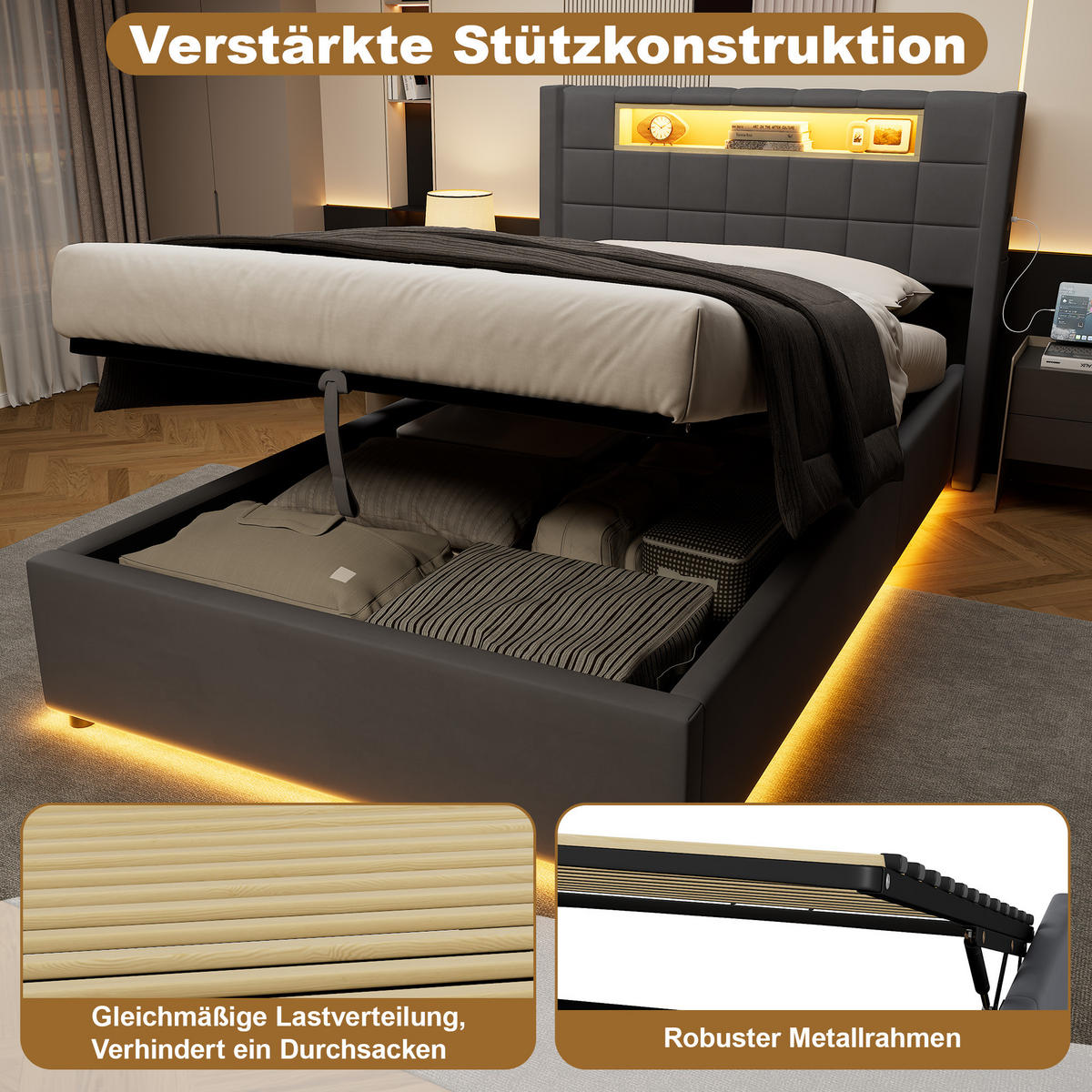 ČALÚNENÁ posteľ 90/200 cm tmavosivá s LED a USB-C - tmavosivá, textil (90/200cm) - Flora Grace