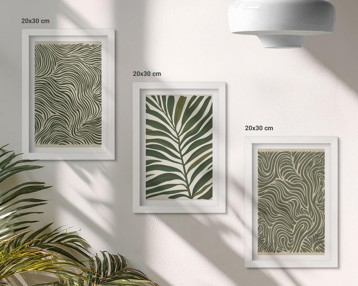 WANDBILDER 3er-Set - 20x30 cm Weißer Rahmen - Blattmuster wellenförmige Formen - Weiß, Kunststoff (20/30cm) - ArtPrintCave