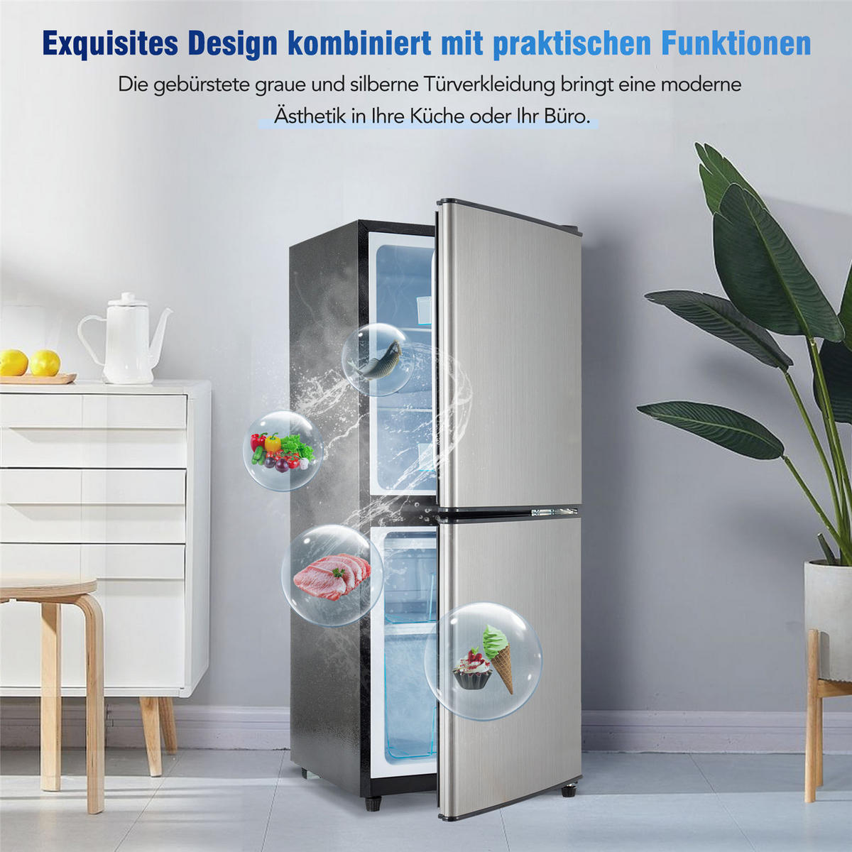 MINIKÜHLSCHRANK 106L (60L+46L) LED Kompressor 7 Stufen Silber/Schwarz - Silberfarben, Metall (42.5/102/44.5cm) - Kaket