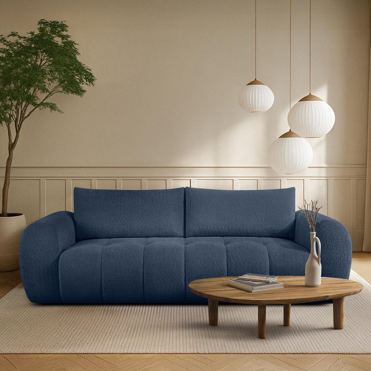 EINZELSOFA LIRA, Dunkelblau, Bouclé - Dunkelblau, Holz/Holzwerkstoff (256/84/112cm) - KONSIMO®