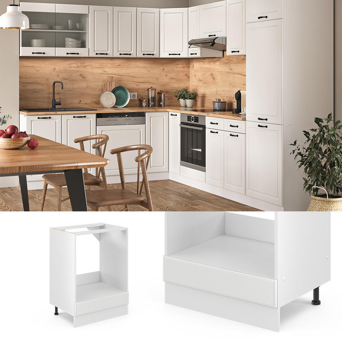 HERDUMBAUSCHRANK R-Line Weiß Landhaus 60 cm, AP Anthrazit - Creme/Weiß, Holzwerkstoff (60/81.6/60cm) - Vicco
