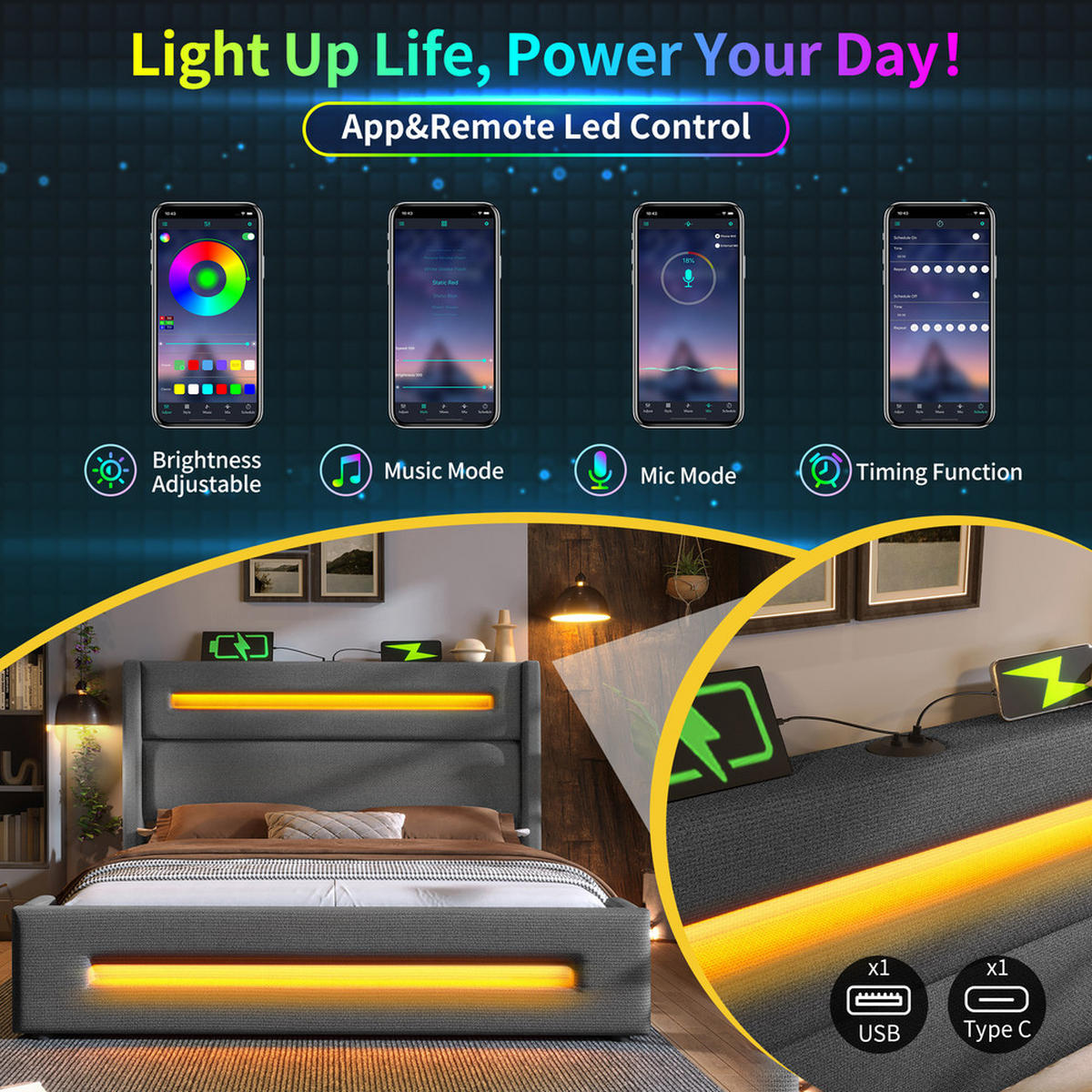 DOPPELBETT 160X200 cm mit LED USB Typ C - Grau, Holz (160/200cm) - FLIEKS