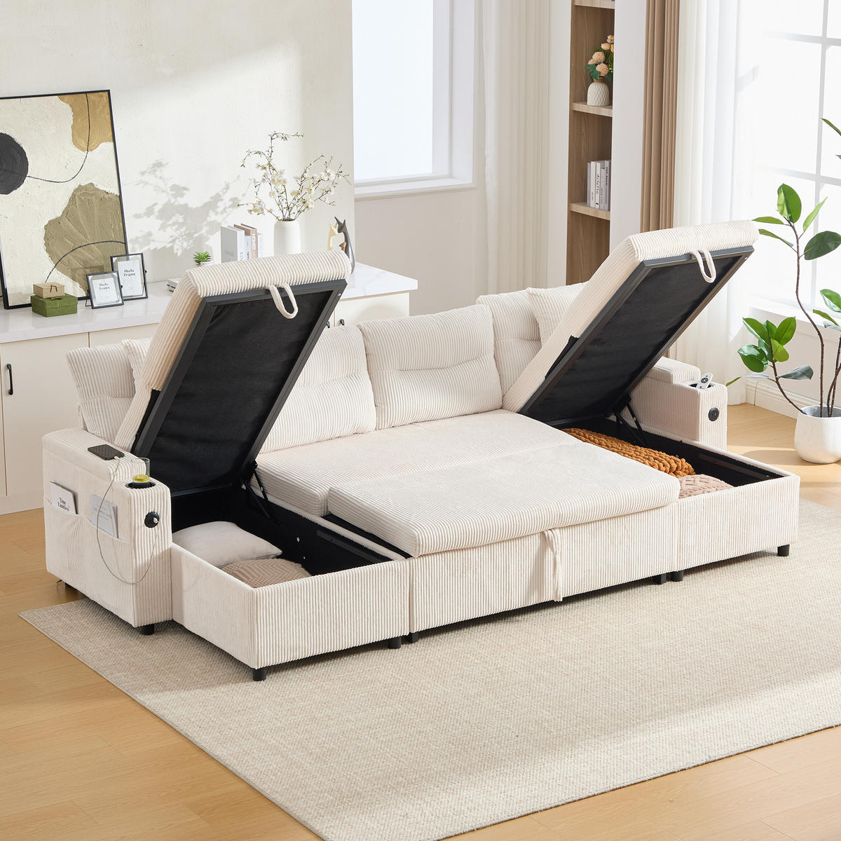 WOHNLANDSCHAFT 4-Sitzer Cord mit 2 Chaiselongues, DE-42579, Beige - Beige, Metall (272/86/136cm) - ComfortXL