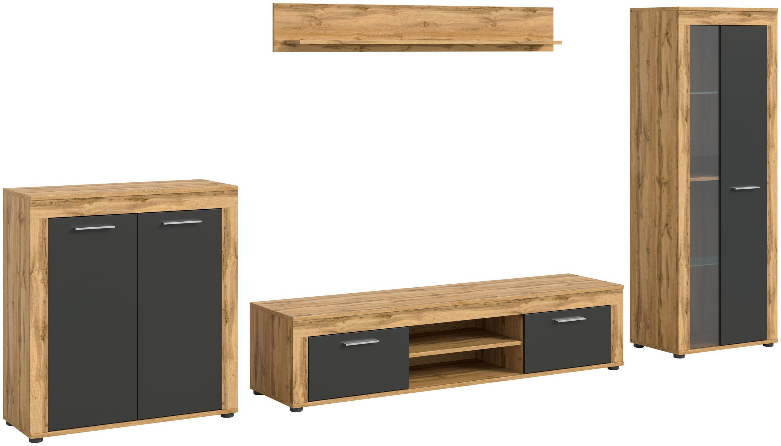 WOHNWAND Milo 4 tlg. (B/H/T: ca. 330/159/40 cm) in Wotan Eiche /grau - Eiche Wotan, Holzwerkstoff (330/159/40cm)