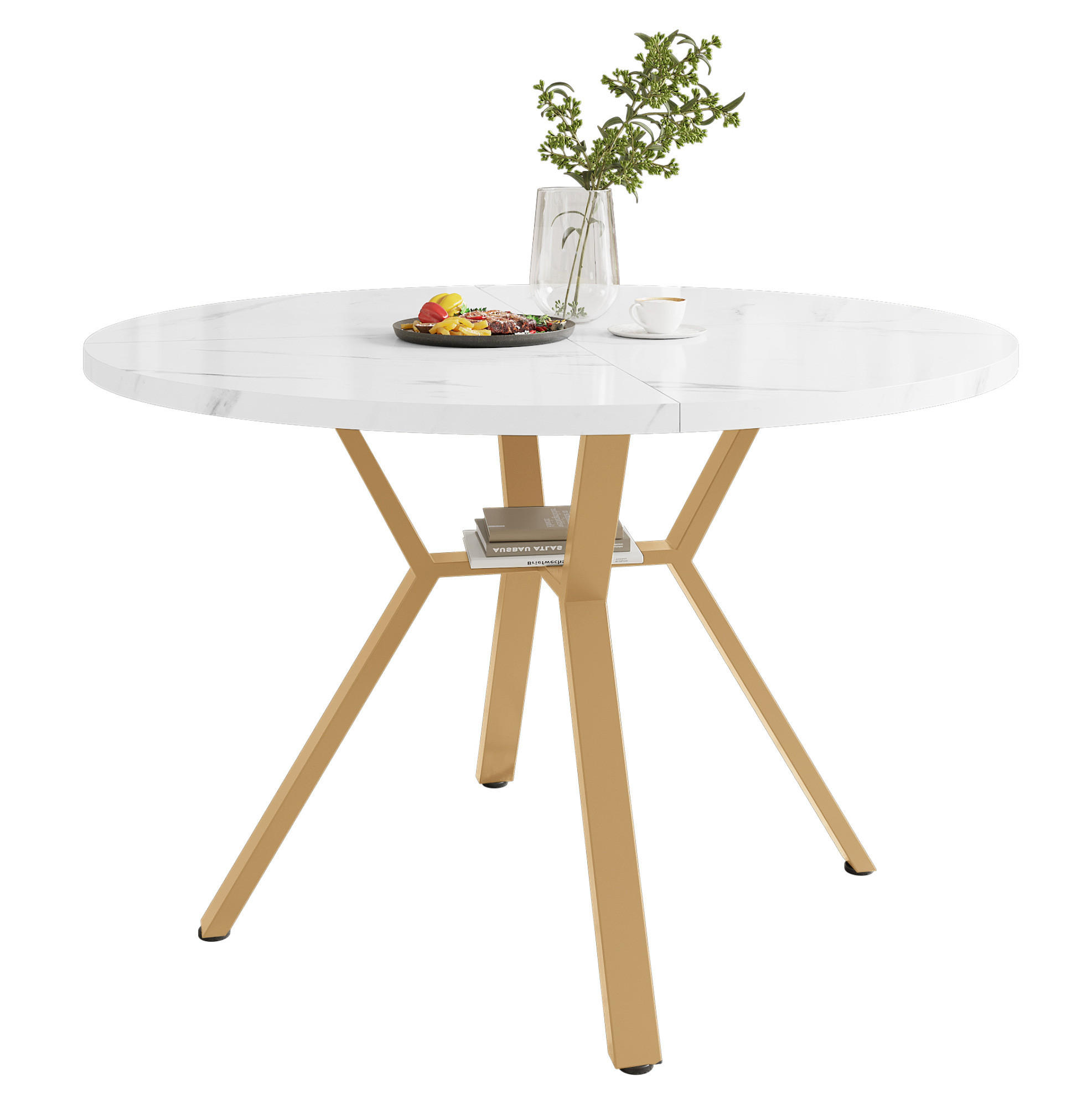ESSTISCH 100x100x75 cm in Weiß und Gold aus MDF mit Marmoroptik auf goldenem X-Gestell - Goldfarben, Holzwerkstoff (100/100/75cm) - Modfu