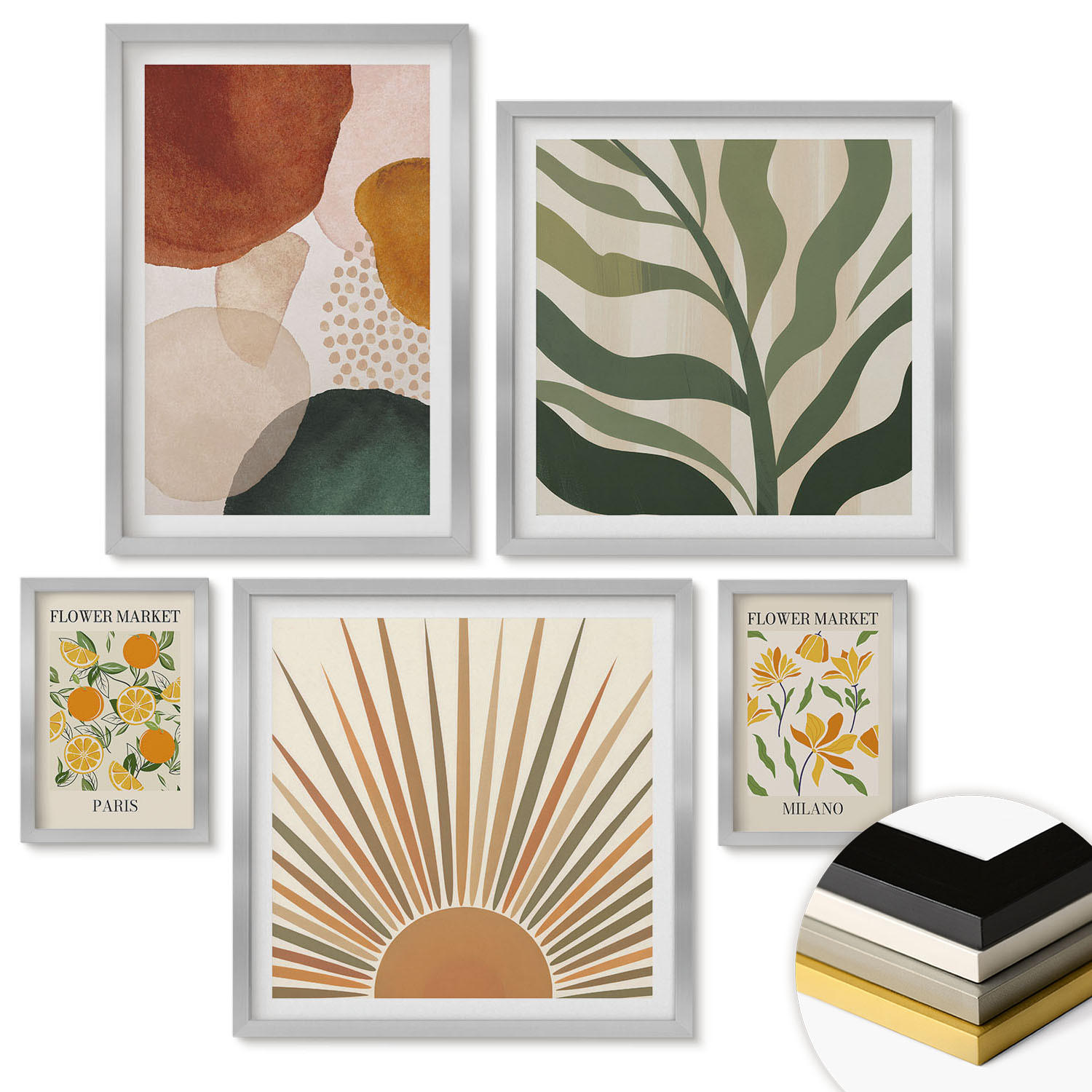 WANDBILDER 5er Set - 50x50 cm & 20x30 cm & 40x60 cm Silberner Rahmen - Abstrakte Blumenmotive - Silberfarben, Kunststoff (40/60cm) - ArtPrintCave