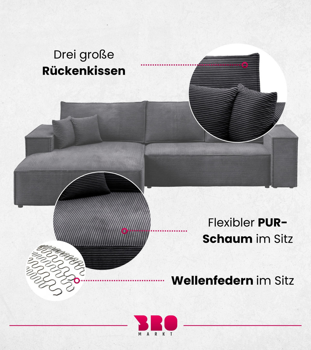 ECKSOFA Pablo mit Schlaffunktion Schwarz Cord - Schwarz, Textil (294/185cm) - Bromarkt