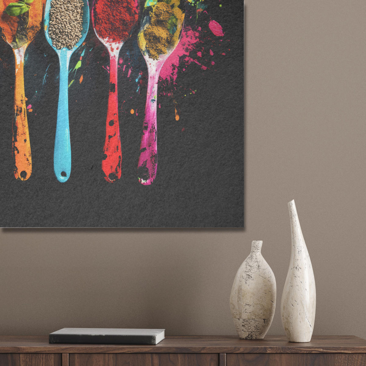 AKUSTIKBILD Löffel - Gewürze - Modern - Graffiti - Farbe - Farbenfroh Akustikpaneele 90x60 cm - Multicolor, Kunststoff (90/60/0.9cm) - MuchoWow