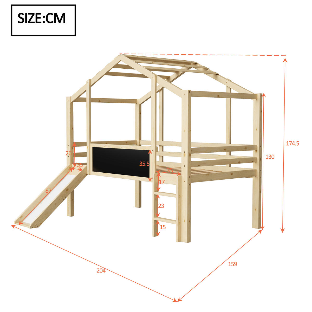 HOCHBETT 90/200 cm Dachboden-Design mit Rutsche und Tafel aus Massivholz - Naturfarben, Holz (90/200cm) - OKWISH
